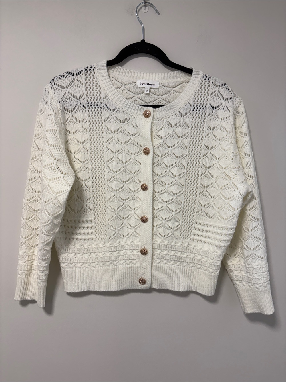 Heartloom Ivory Openwork Knit Cardigan with Gold Buttons